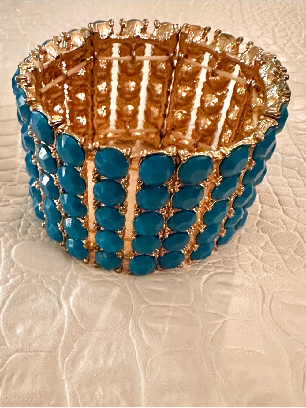 Heavy Gold Tone Faux Turquoise 4-Row Stretch Cuff Statement Bracelet